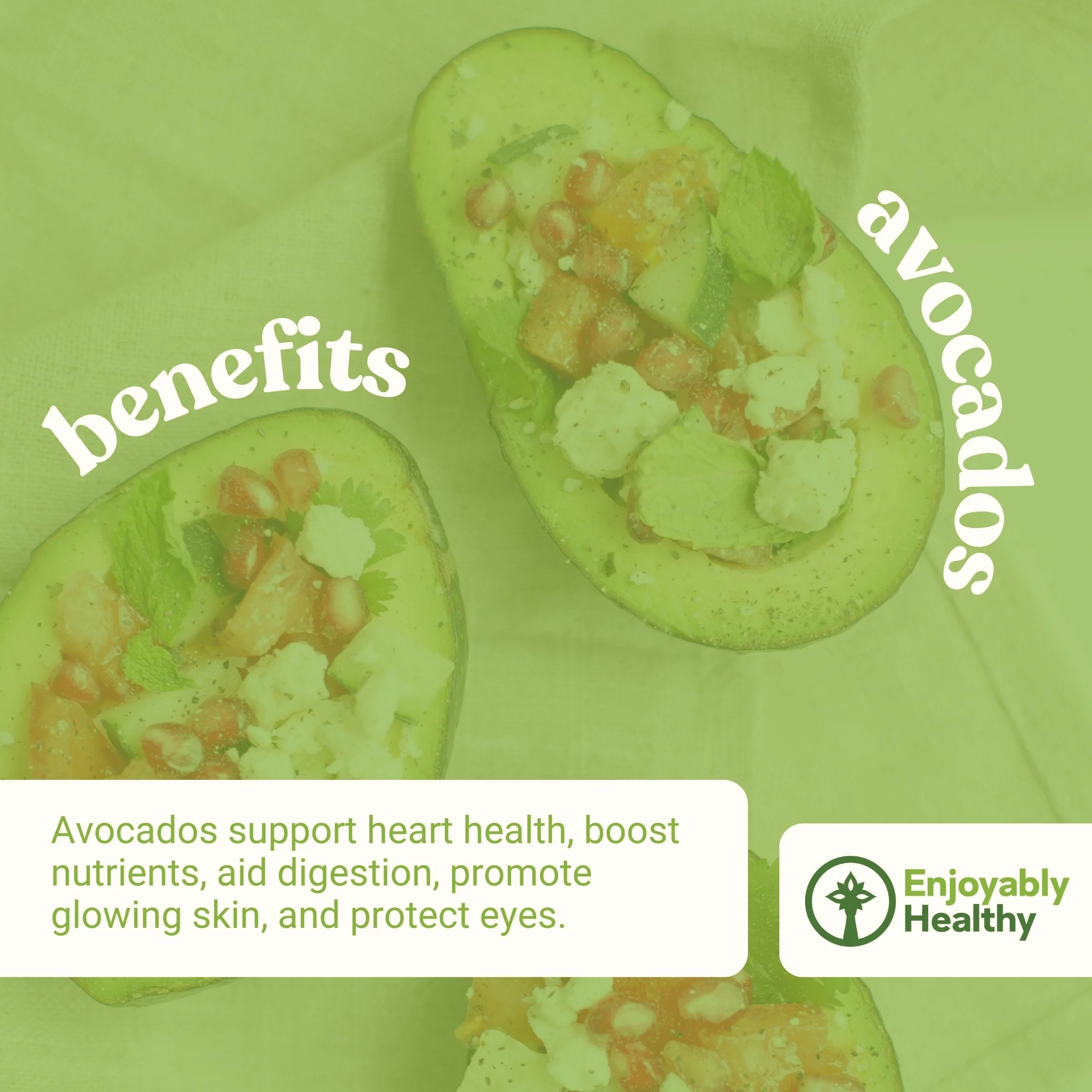 Close-up of avocado halves topped with crumbled cheese, pomegranate seeds, and herbs, promoting heart health and nutrients.