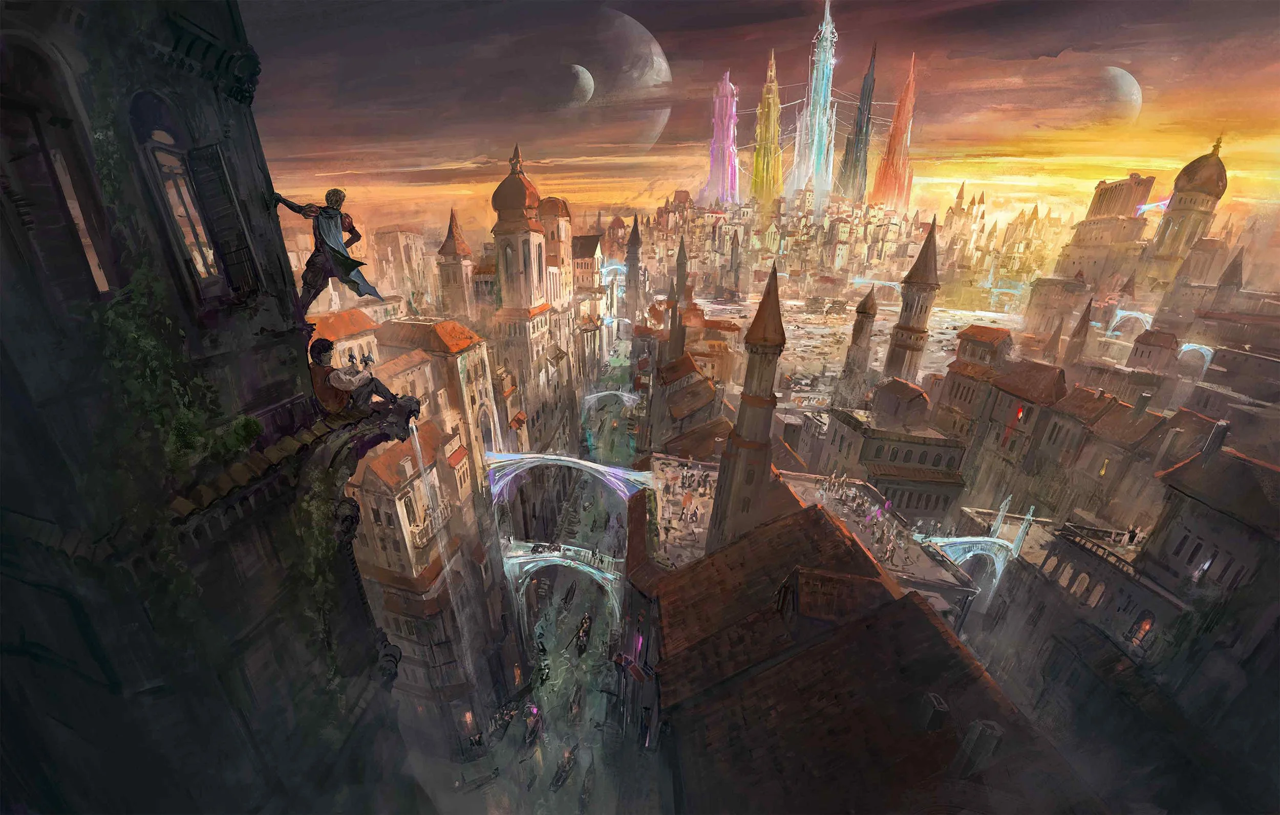 City of Camorr, from the lies of locke lamora and the gentlemen bastards series by Scott Lynch. I included the elderglass, the 5 towers, and Jean Tannen and Locke Lamora. In the distance you can see the Angevine river and the floating market!