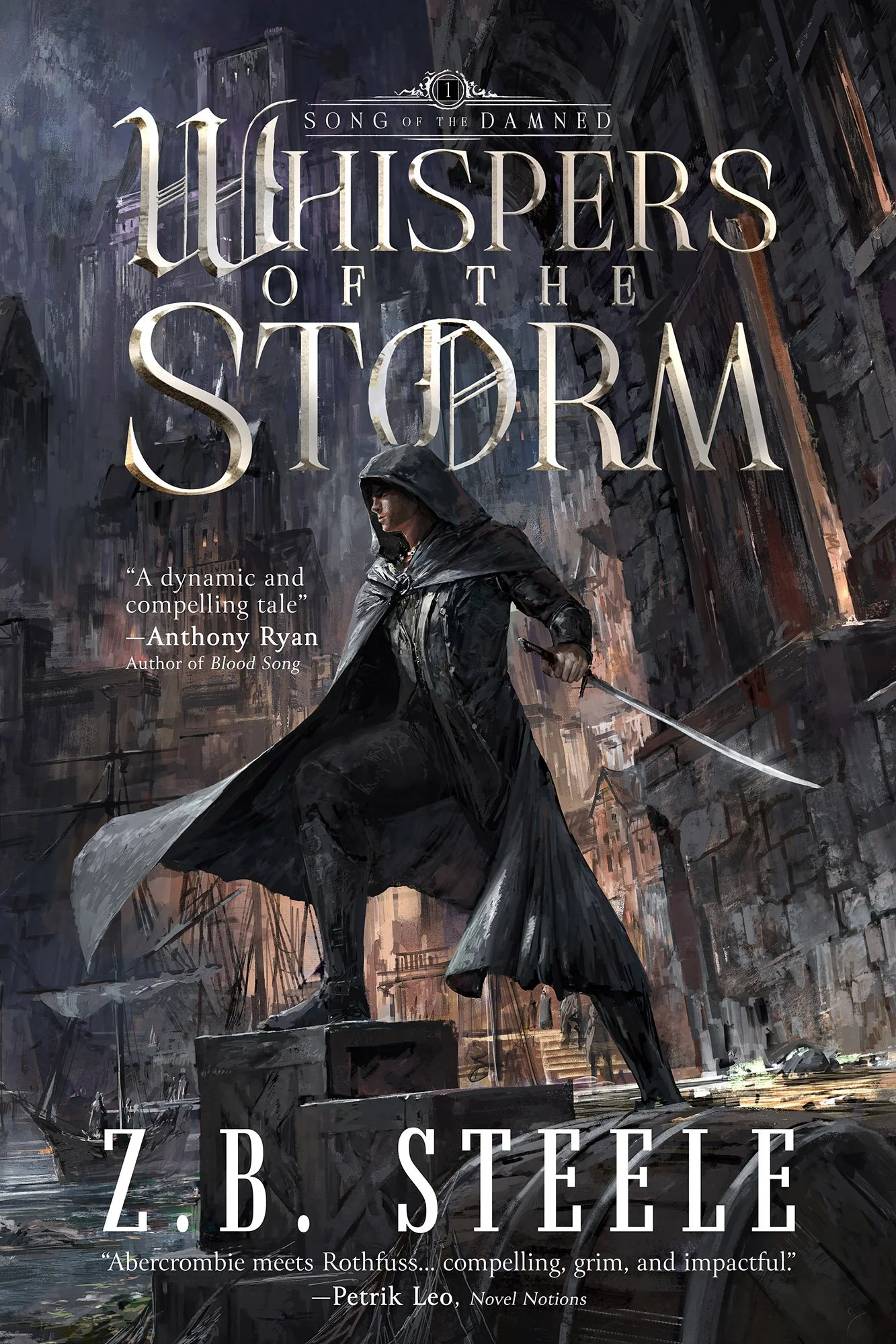 Grimdark Assassin fantasy ZB Steele, art and design by Jeff Brown. Cloaked assassin with curved sword in dark city medieval docks. 