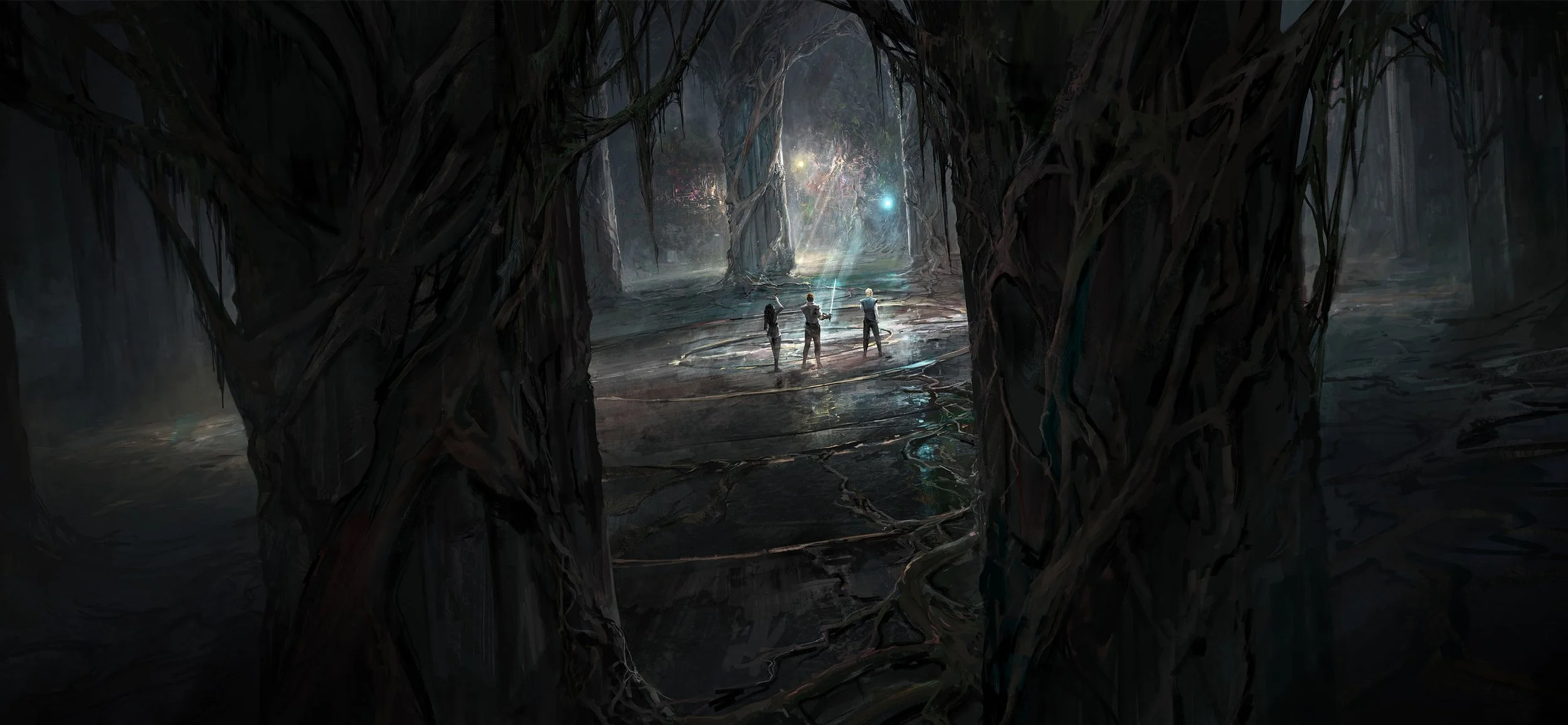 Fantasy Characters in a giant ruined tomb with magic and vines