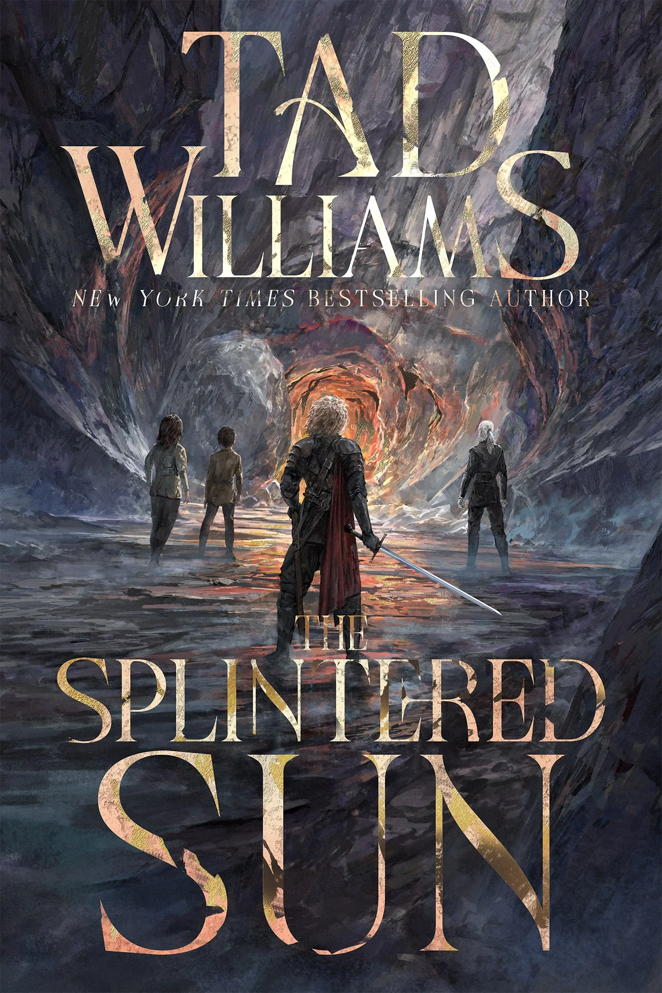 The Splintered Sun by Tad Williams, cover art and design by Jeff Brown Graphics. Stone tomb opening with gold light in a secret rock face. 