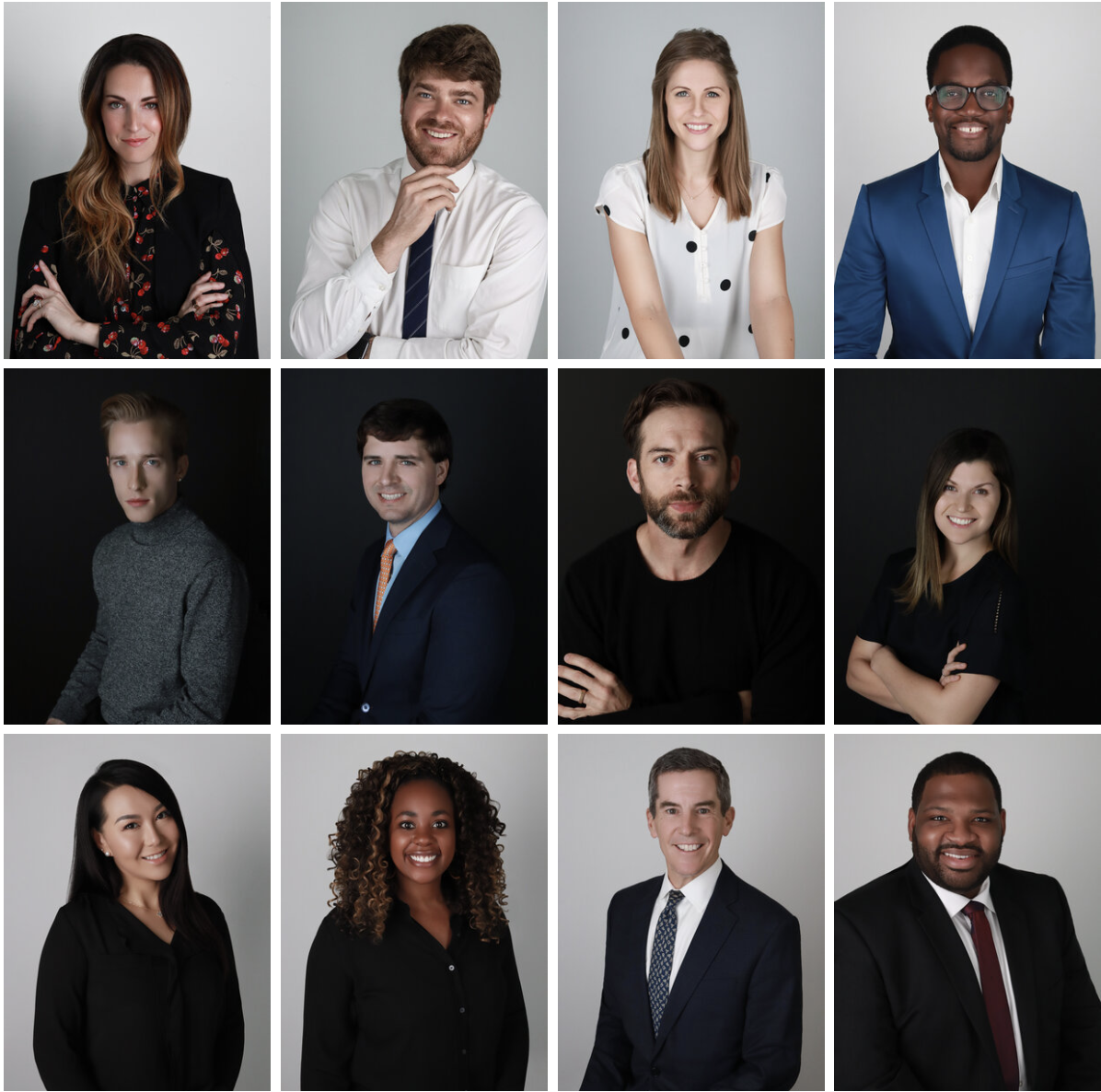 A collage of twelve professional headshots of diverse men and women in formal and business casual attire, with various neutral backgrounds, showcasing different expressions and poses.