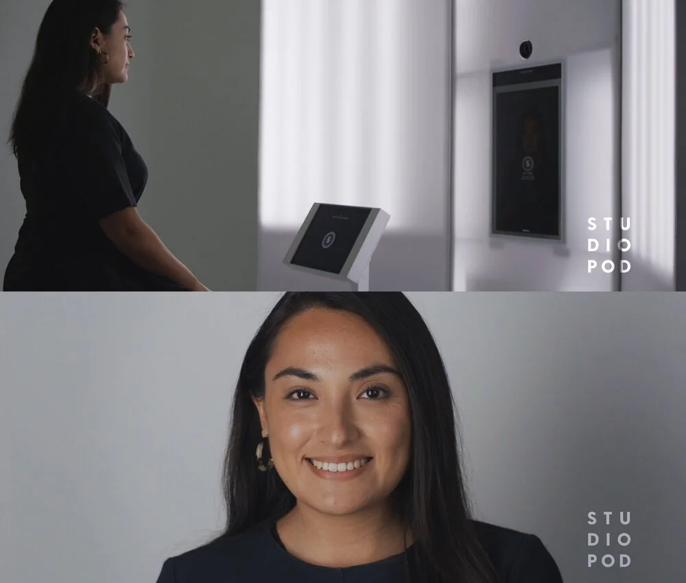 A woman interacts with a touchscreen kiosk in a professional setting, smiling for the camera. The kiosk has a digital screen, and there is a larger screen mounted on the wall nearby. The background is a simple gray, and the logo 'STUDIO POD' appears in the lower right corner of each section of the image.