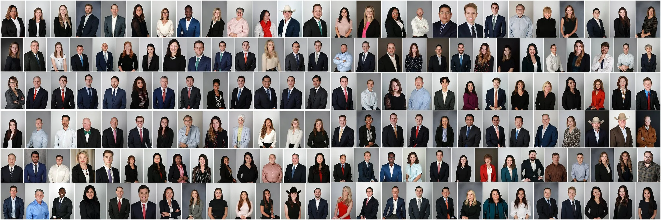 Collage of diverse professional people, men and women, posing for a group photo against a gray background, dressed in business attire.
