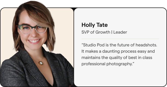 Professional headshot of Holly Tate, SVP of Growth and Leader, smiling, with glasses and a blazer, next to a quote about Studio Pod’s benefits.
