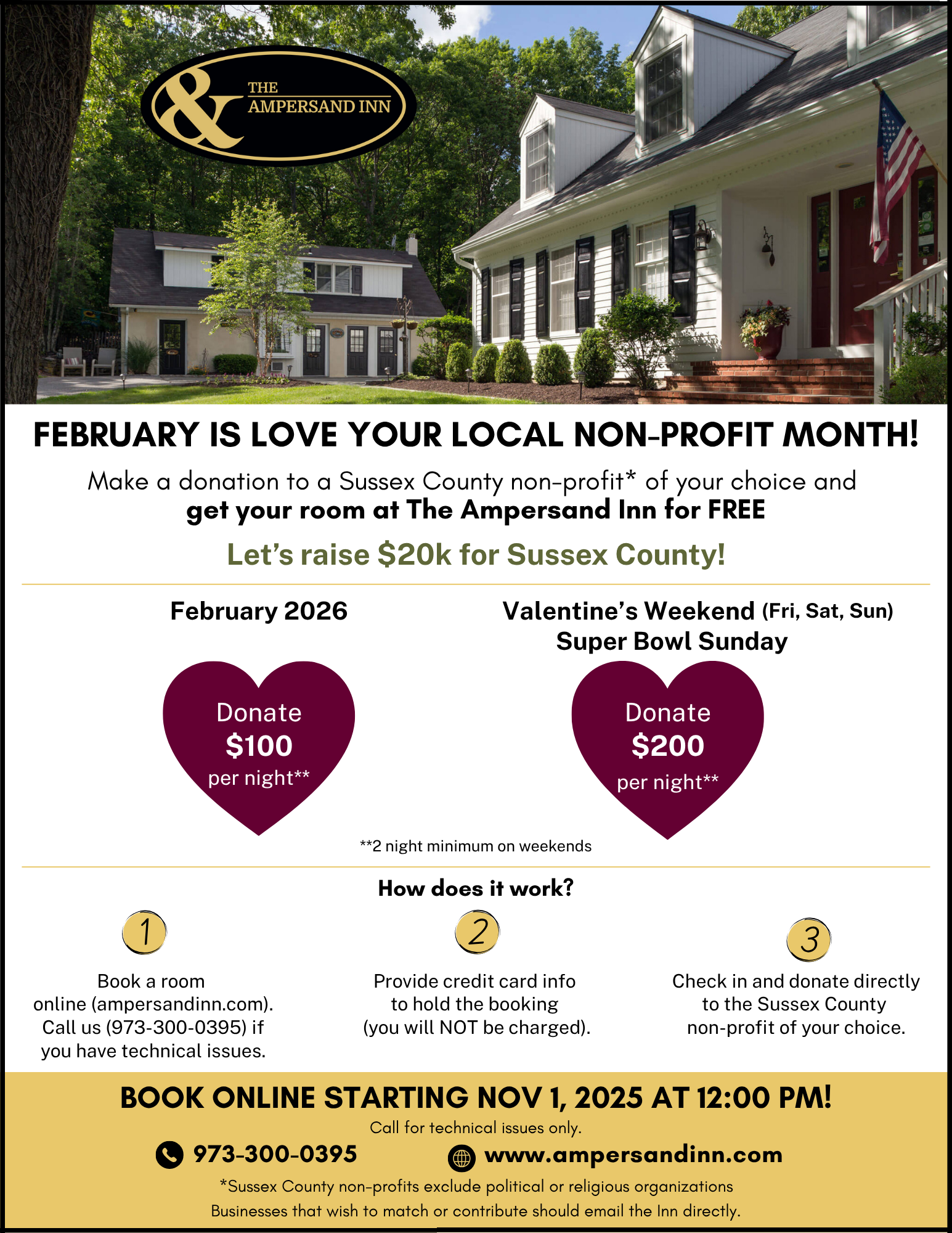 Love Your Local Non-Profit Month at The Ampersand Inn $100/night — Book for Feb 2026 starting Nov 1 at noon