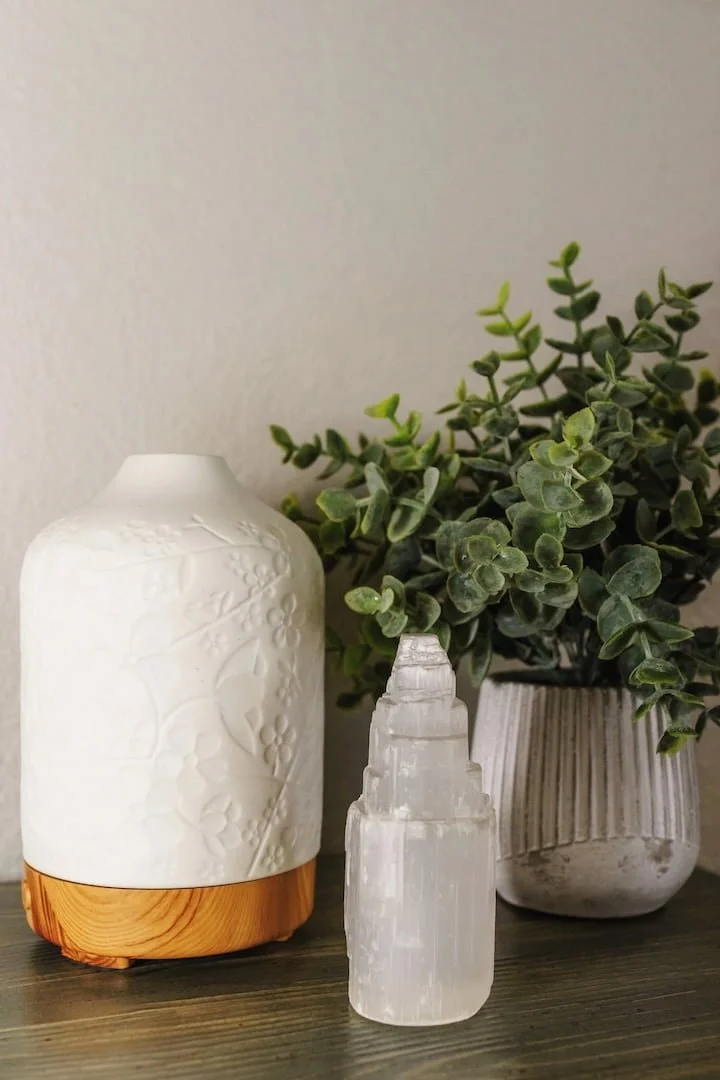 countertop with plant and crystal