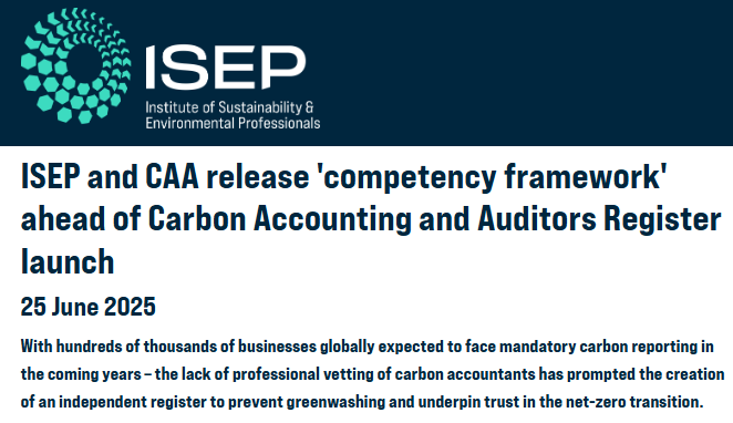 ISEP and CAA Release ‘Competency Framework’ ahead of Carbon Accounting and Auditors Register launch