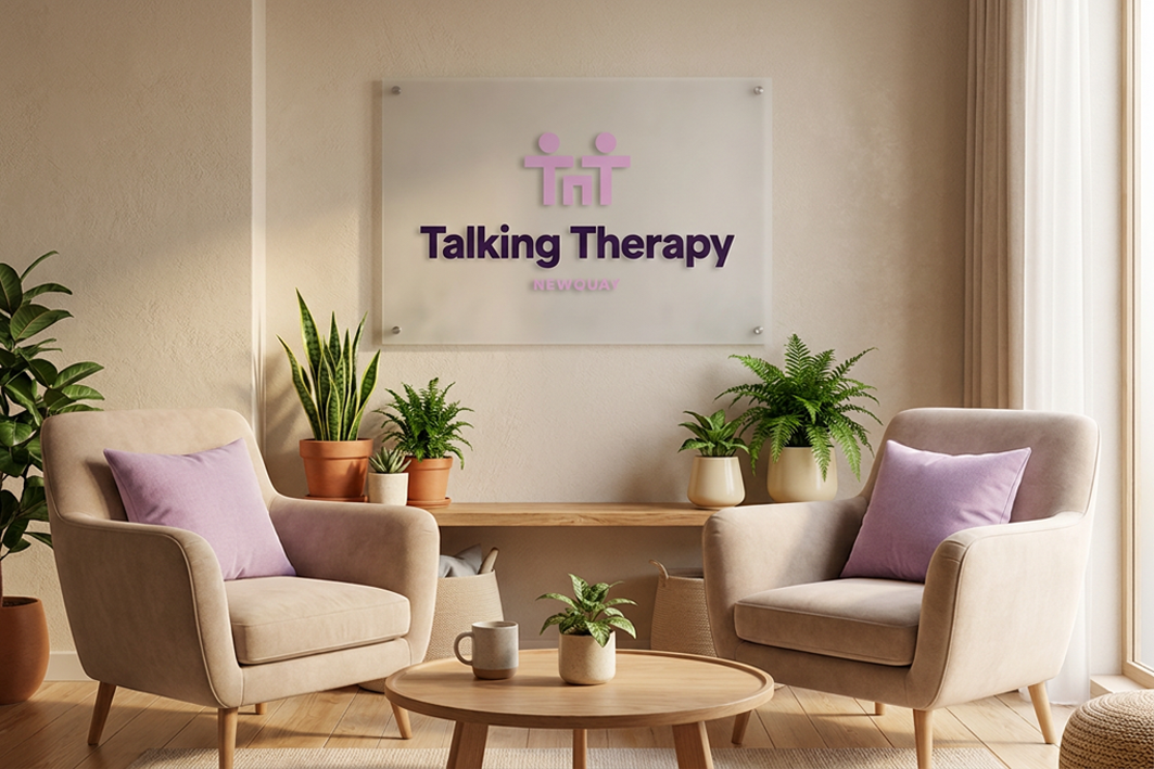 A cozy therapy office with two beige armchairs with purple pillows, a wooden coffee table with potted plants, and a sign on the wall that reads "Talking Therapy" in purple letters.