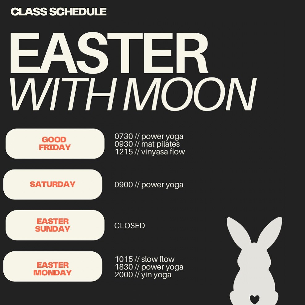 EASTER WITH MOON 🐰

While we are taking a break on Sunday, we are still here for you this Easter weekend. We are running on a slightly reduced schedule so don&rsquo;t forget to grab your spot and let us sprinkle some joy into your weekend.

Wishing 
