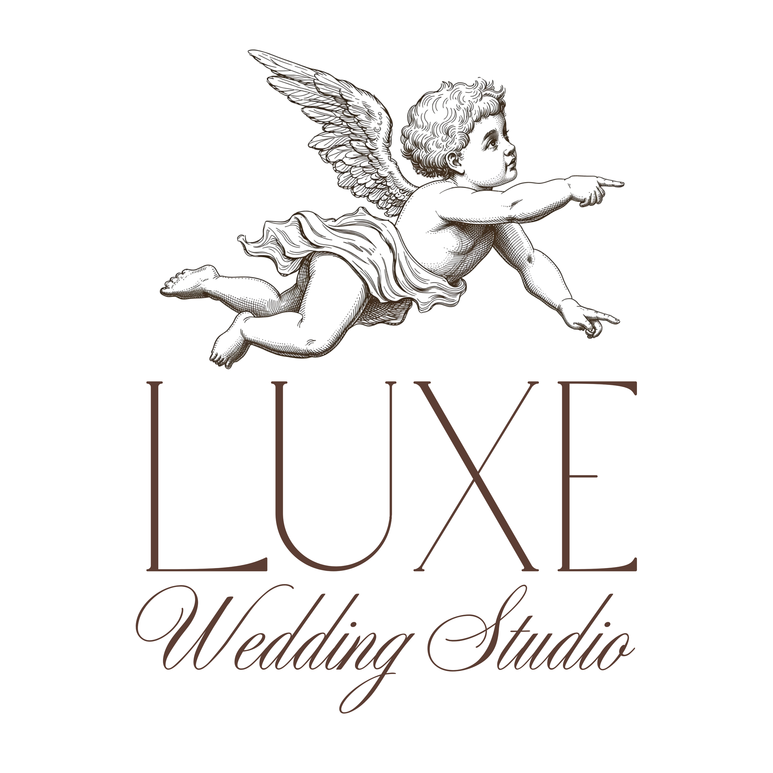 Minimalist black and white illustration of a flower with the text "LUXE" and "wedding studio" underneath.
