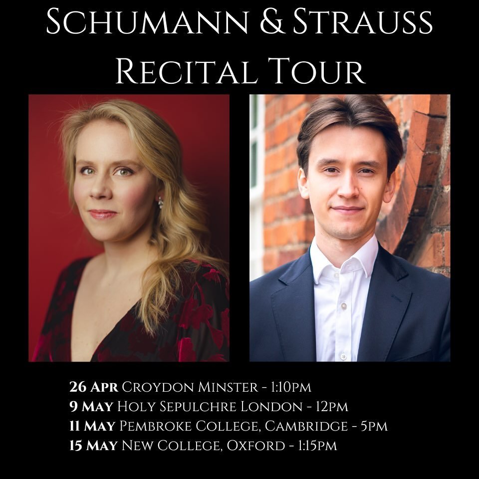 April/May song recital tour! 🎉

Christine and I are super excited about the tour of our lovely Schumann and Strauss programme that we&rsquo;ve organised. We&rsquo;ve got a run of recitals coming up over the next few weeks in some really excellent ve