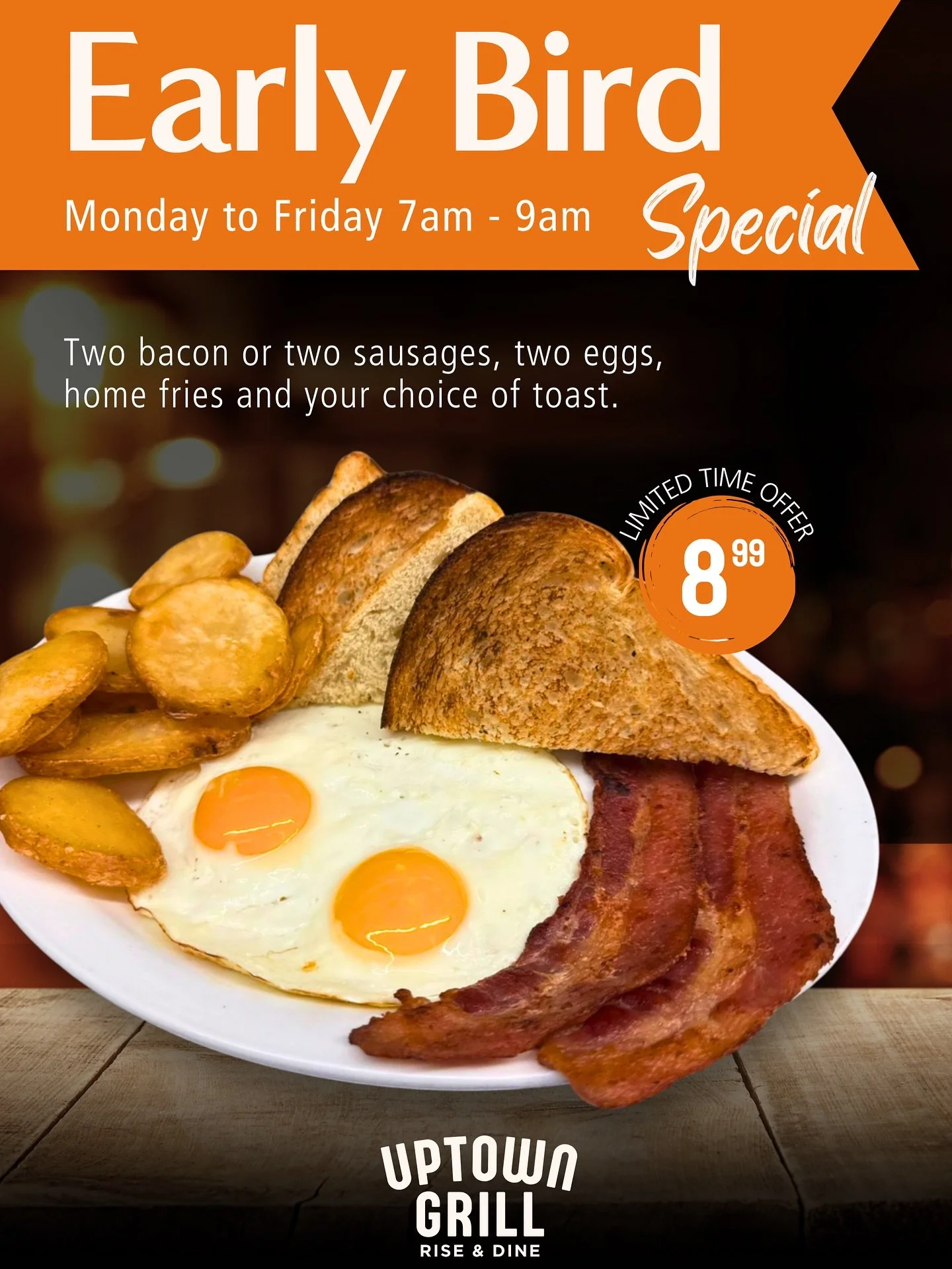 The early bird gets… π₯ breakfast!
Start your day with bacon or sausage, two eggs any style, home fries and toast for only $8.99.
β° Monday–Friday, 7–9am
πGuelph & Delhi
π’Limited time only. Not available on holidays.