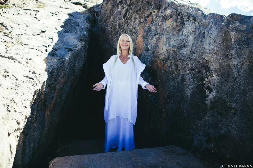 Lesley Myburgh at the entrance of the Temple of the Moon, Cusco