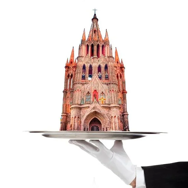 Artistic tribute to San Miguel de Allende's recognition by Food & Travel as a leading gastronomic destination, featuring La Parroquia de San Miguel Arcángel presented on a serving tray.