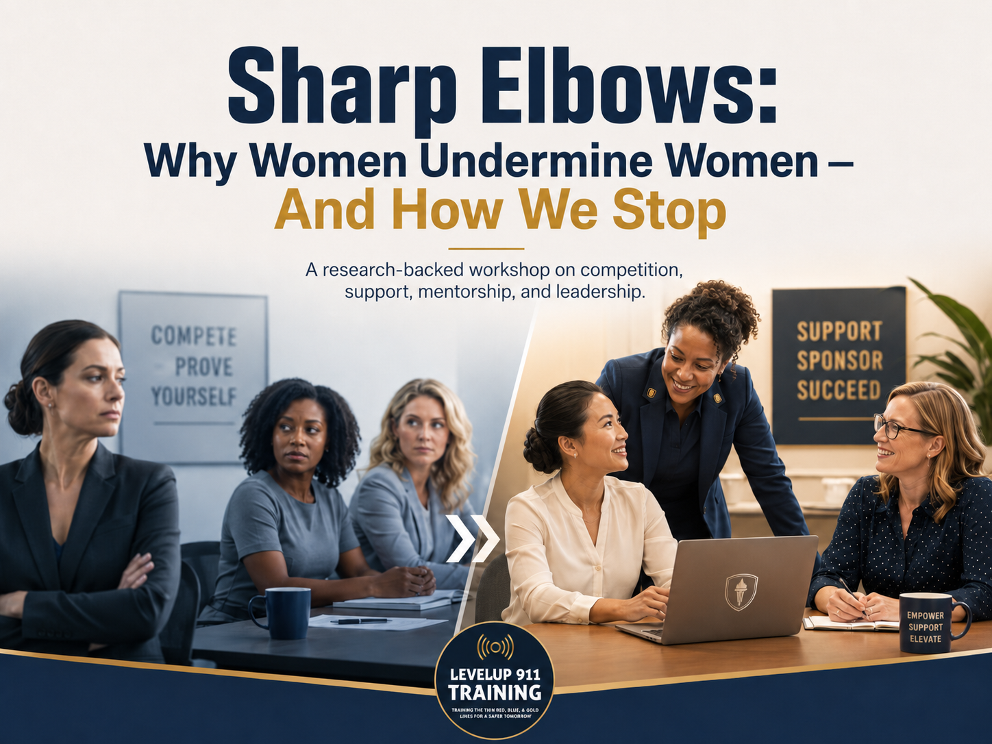 A promotional graphic for a workshop titled 'Sharp Elbows: Why Women Undermine Women — And How We Stop.' It features a split image: on the left, a serious-looking woman with crossed arms sitting at a table with three other women, and on the right, a smiling group of women engaging in a discussion, with one woman showing support to another on a laptop. Two posters in the background display messages: 'Compete, Prove Yourself' on the left and 'Support, Sponsor, Succeed' on the right. The bottom of the graphic includes a logo for 'LevelUp 911 Training' promoting leadership and safety.