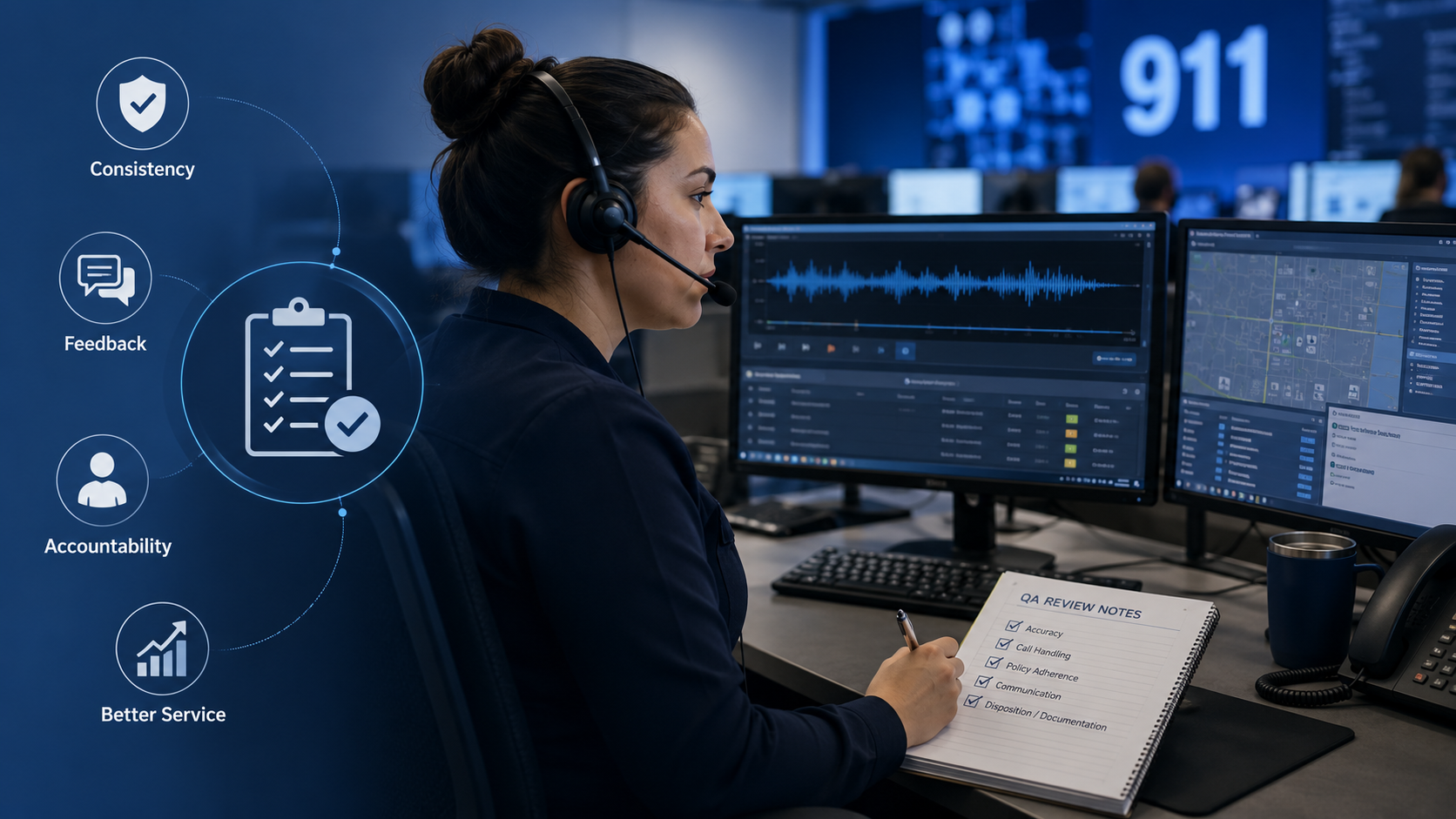 A woman in a call center wearing a headset, working on dual computer monitors with graphs and maps. She is taking notes on a QA review notepad. A digital overlay highlights key service principles: Consistency, Feedback, Accountability, and Better Service.