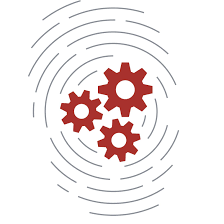 Three red gears interconnected over a circular wave pattern