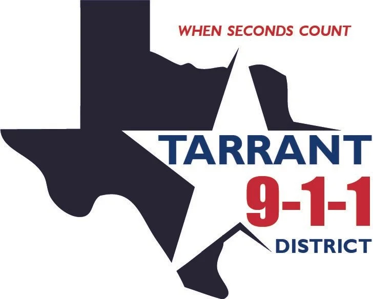 Texas map with building silhouette, text reading "When Seconds Count," "Tarrant 9-1-1 District" in bold blue and red