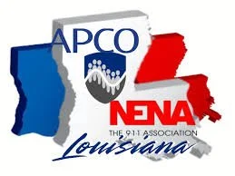 APCO and NENA logos over a Louisiana map background.