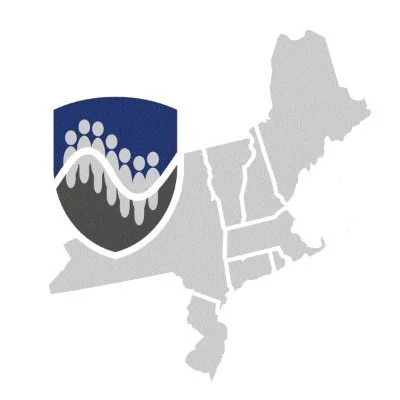 A stylized map of the United States with a shield emblem featuring a roller coaster inside it.