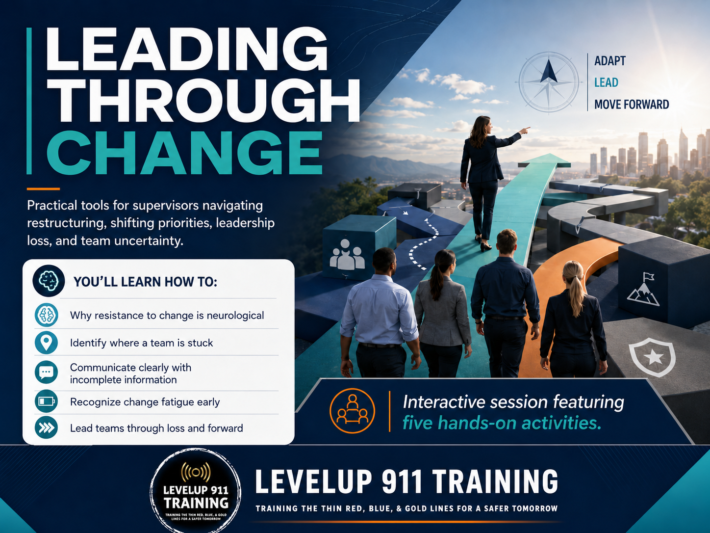 A promotional graphic for a leadership training event titled 'Leading Through Change', showing a woman in a business suit guiding a group of colleagues on a pathway with an urban skyline in the background. The graphic includes text about practical tools for supervisors, learning outcomes, and a mention of an interactive session with five hands-on activities. It also highlights 'Levelup 911 Training' for safer futures.