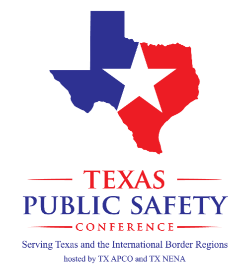Logo for the Texas Public Safety Conference featuring a stylized outline of Texas with a star inside, in red, white, and blue colors, with text indicating the conference and its focus on serving Texas and international border regions.