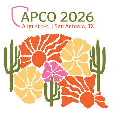 Event poster for APCO 2026, held August 2-5 in San Antonio, TX, featuring desert flowers and cacti design.