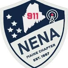 NENA Maine Chapter badge featuring a blue and white shield, 911 emergency number, Maine map, radio tower, and stars, established in 1992.