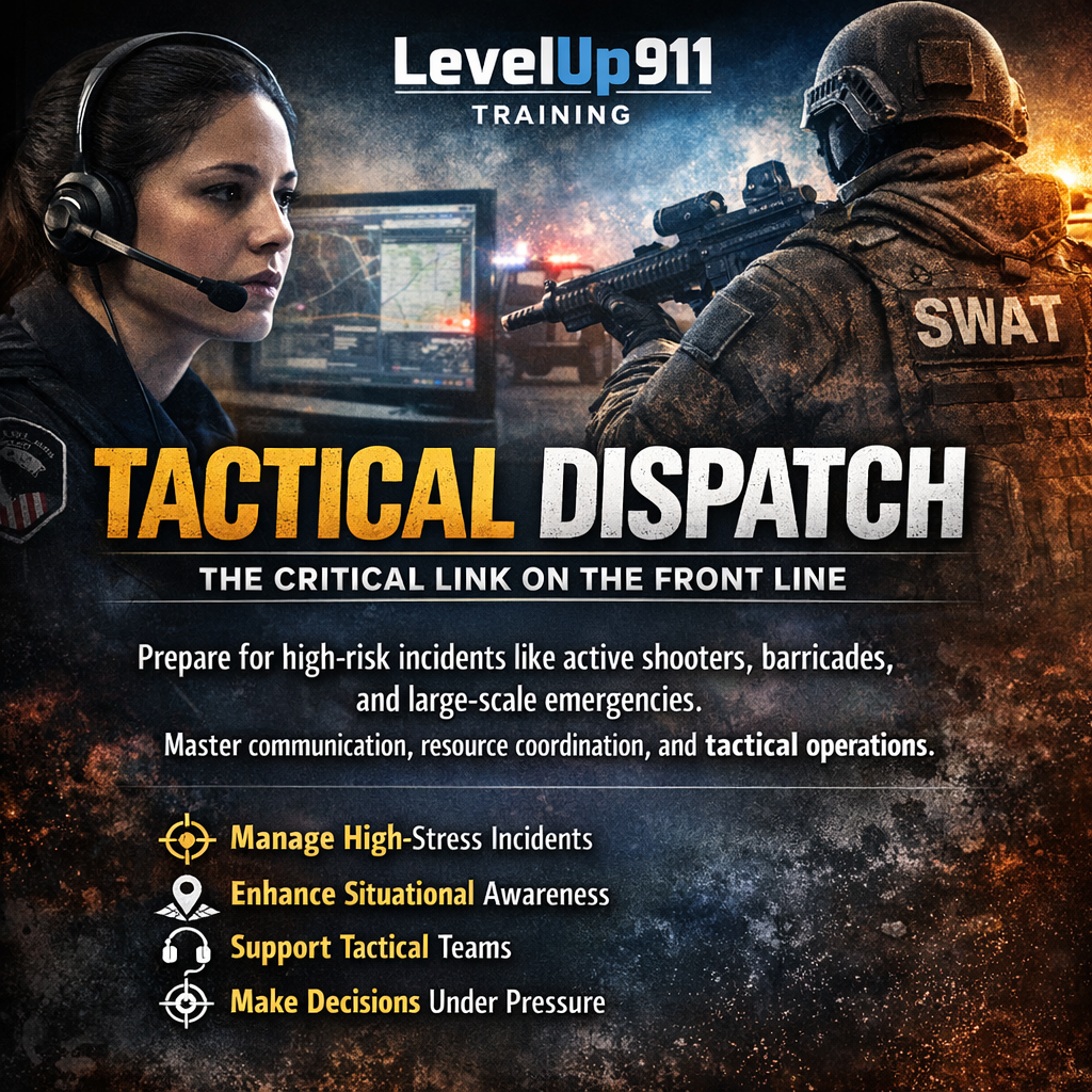 Promotional poster for tactical dispatch training by LevelUp911, showing female emergency dispatcher with headset on and armed SWAT officer with rifle, emphasizing managing high-stress incidents, enhancing situational awareness, supporting tactical teams, and making decisions under pressure.