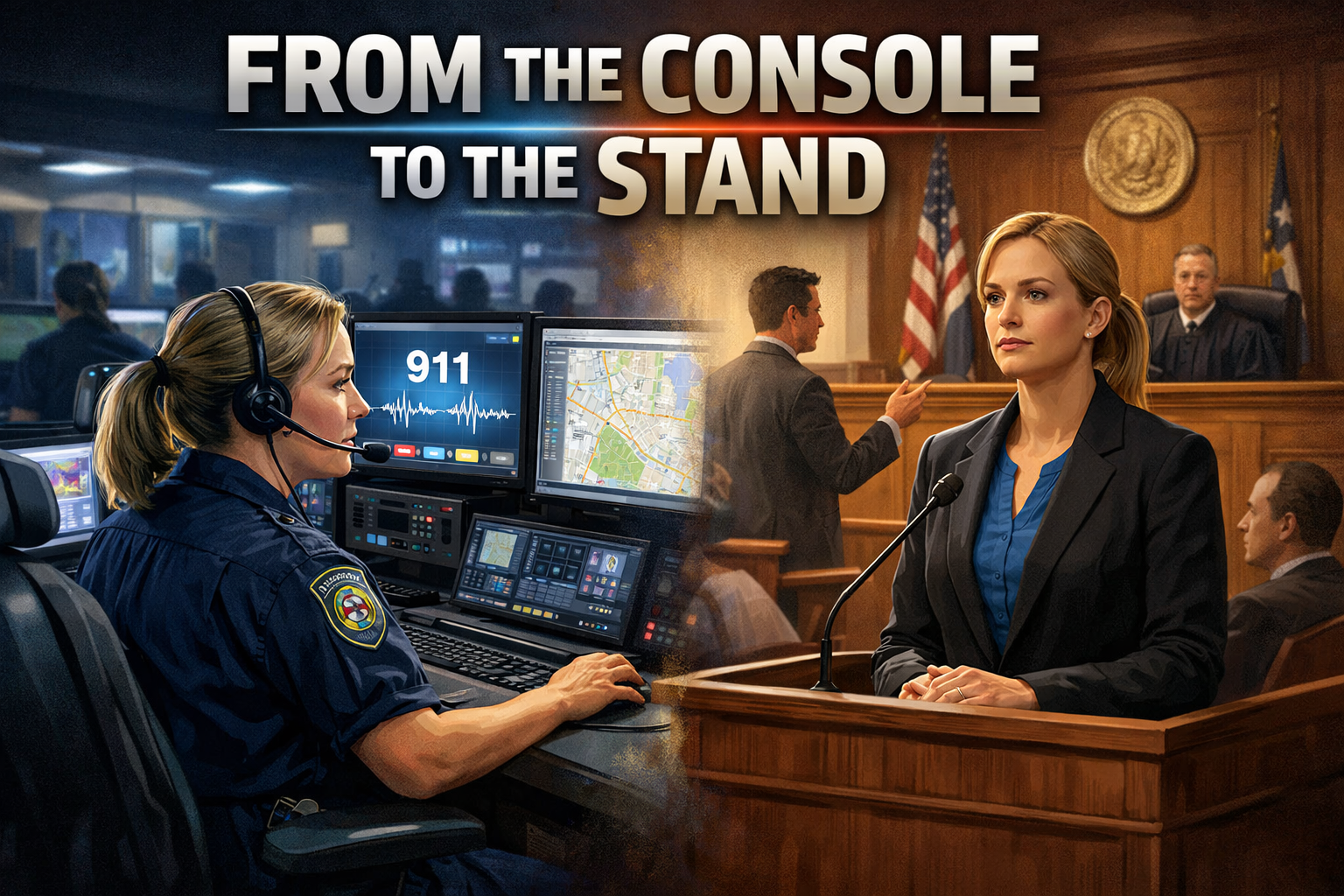 A split scene with a police dispatcher working on multiple monitors on the left and a court scene with a woman testifying at the stand on the right, with the title 'From the Console to the Stand' above.