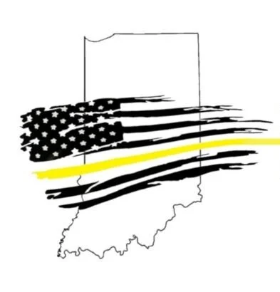 A stylized outline of the state of Indiana with the American flag's design, featuring a thin yellow line running horizontally across the middle.