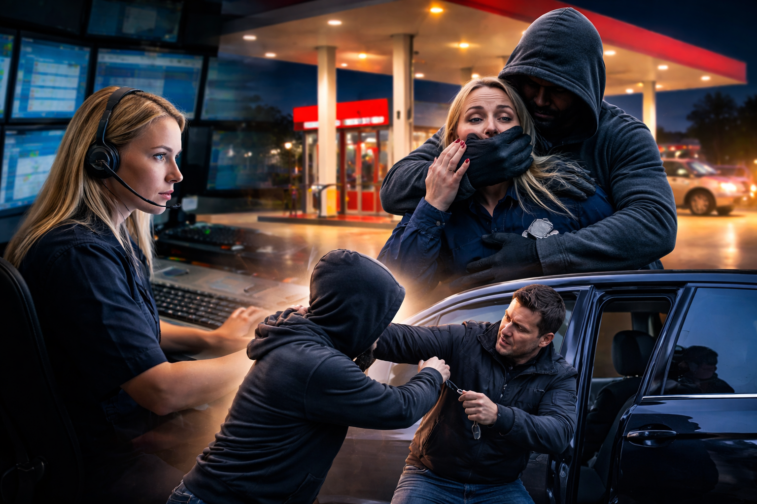 Police officers arresting a suspect at night at a gas station, with a woman crying as a man restrains her, while a female dispatcher or call center operator monitors the situation.