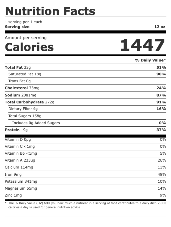 Nutrition facts label for a 12 oz serving containing 1,447 calories, 33g total fat, 73mg cholesterol, 2,081mg sodium, 272g carbohydrates, 19g protein, and various vitamins and minerals.