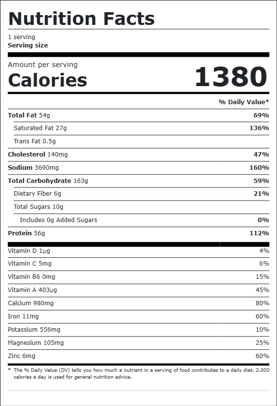 Nutrition facts label showing a serving size with 1610 calories, 68g total fat, 30g saturated fat, 1.5g trans fat, 150mg cholesterol, 7790mg sodium, 188g total carbohydrates, 7g dietary fiber, 32g total sugars, 57g protein, with vitamin D, vitamin C, vitamin B6, vitamin A, calcium, iron, potassium, magnesium, and zinc amounts listed.