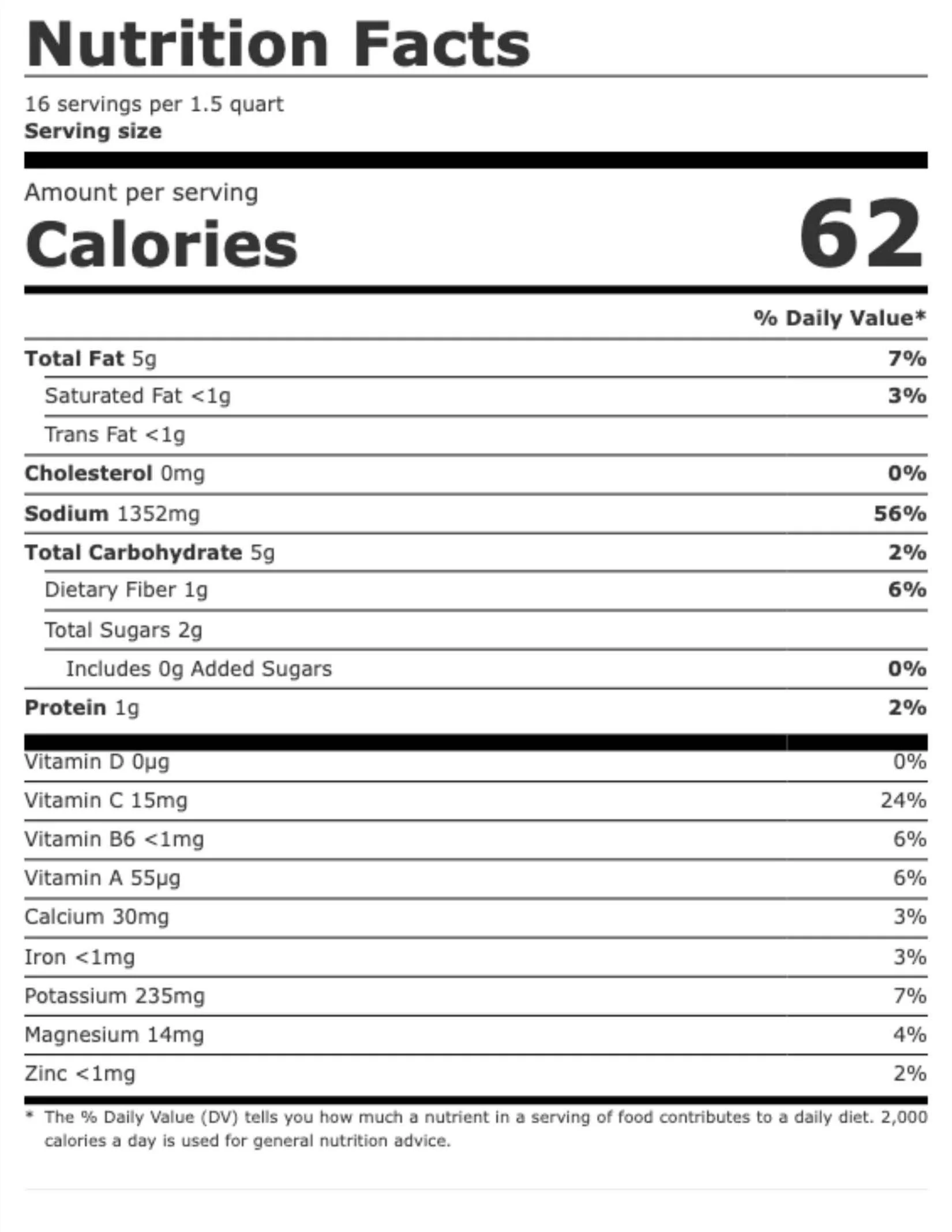 Nutrition facts label showing serving size, calories, total fat, saturated fat, trans fat, cholesterol, sodium, total carbohydrates, dietary fiber, sugars, added sugars, protein, vitamins, minerals, and their respective amounts and daily value percentages.