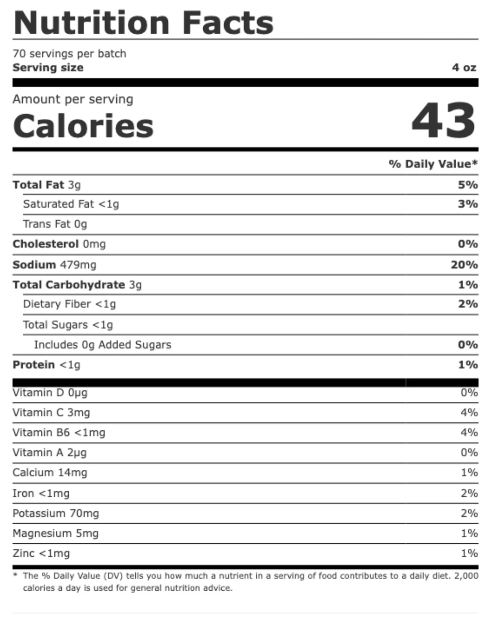 Nutrition facts label showing serving size, calories, and nutrient content details.