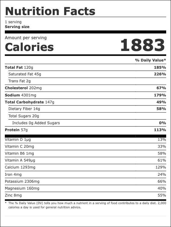 Nutrition facts label showing calorie content of 1883 calories per serving, with detailed breakdowns of fats, cholesterol, sodium, carbohydrates, sugars, protein, and various vitamins and minerals.