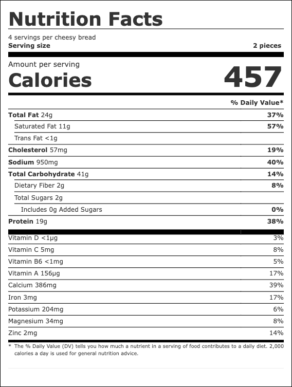 Nutrition facts label for a food item, indicates it contains 457 calories per serving, with details on fats, cholesterol, sodium, carbohydrates, sugars, protein, vitamins, and minerals.