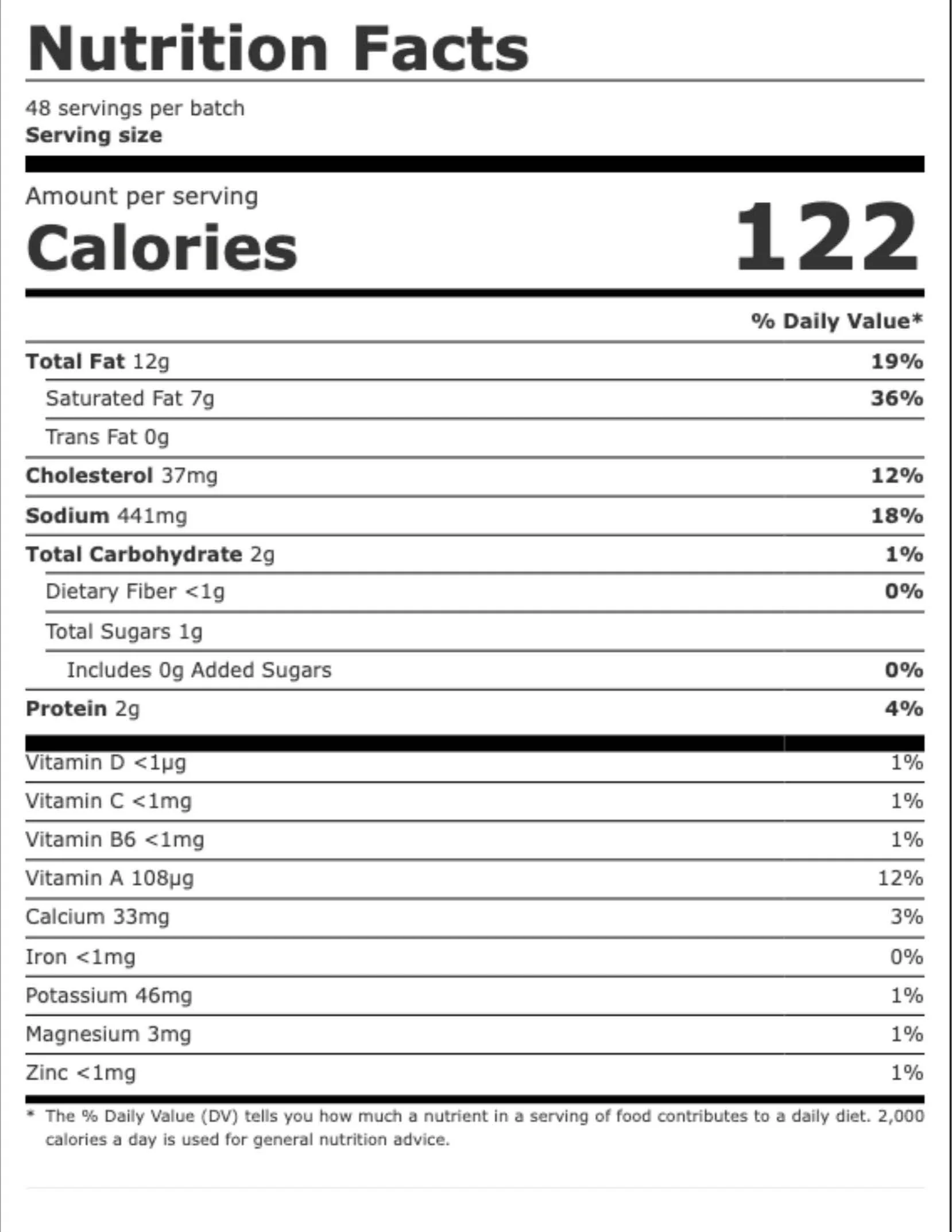 Nutritional facts label showing calorie count of 122 per serving. Details include total fat, saturated fat, trans fat, cholesterol, sodium, total carbohydrates, dietary fiber, total sugars, added sugars, protein, vitamins, calcium, iron, potassium, magnesium, and zinc.