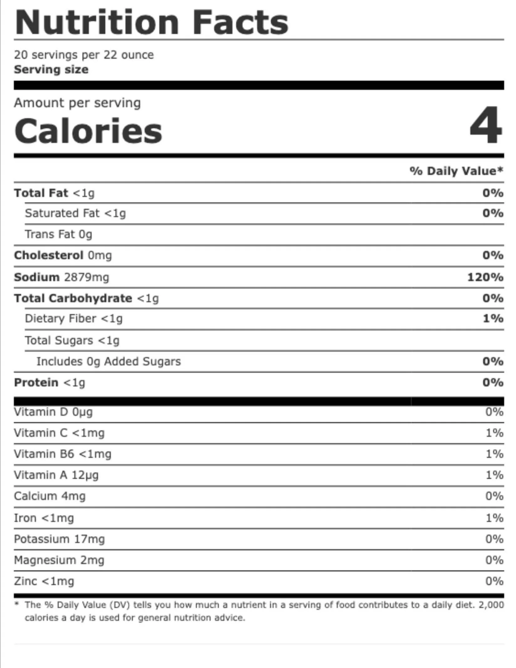 Nutrition facts label showing a serving size of 22 ounces, with calorie count of 4 calories per serving, and detailed nutritional information including grams of fat, cholesterol, sodium, carbohydrates, sugars, protein, vitamins, minerals, and their respective daily value percentages.