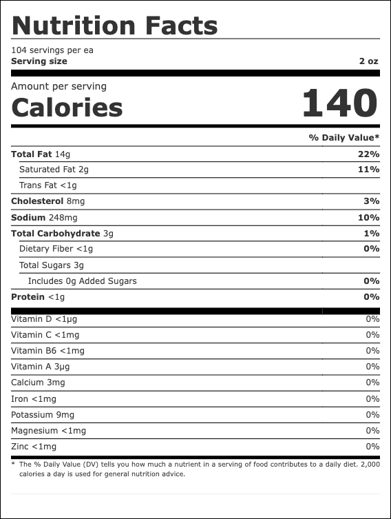 Nutrition facts label displaying serving size, calories, total fat, saturated fat, trans fat, cholesterol, sodium, total carbohydrate, dietary fiber, sugars, protein, vitamins, and minerals.