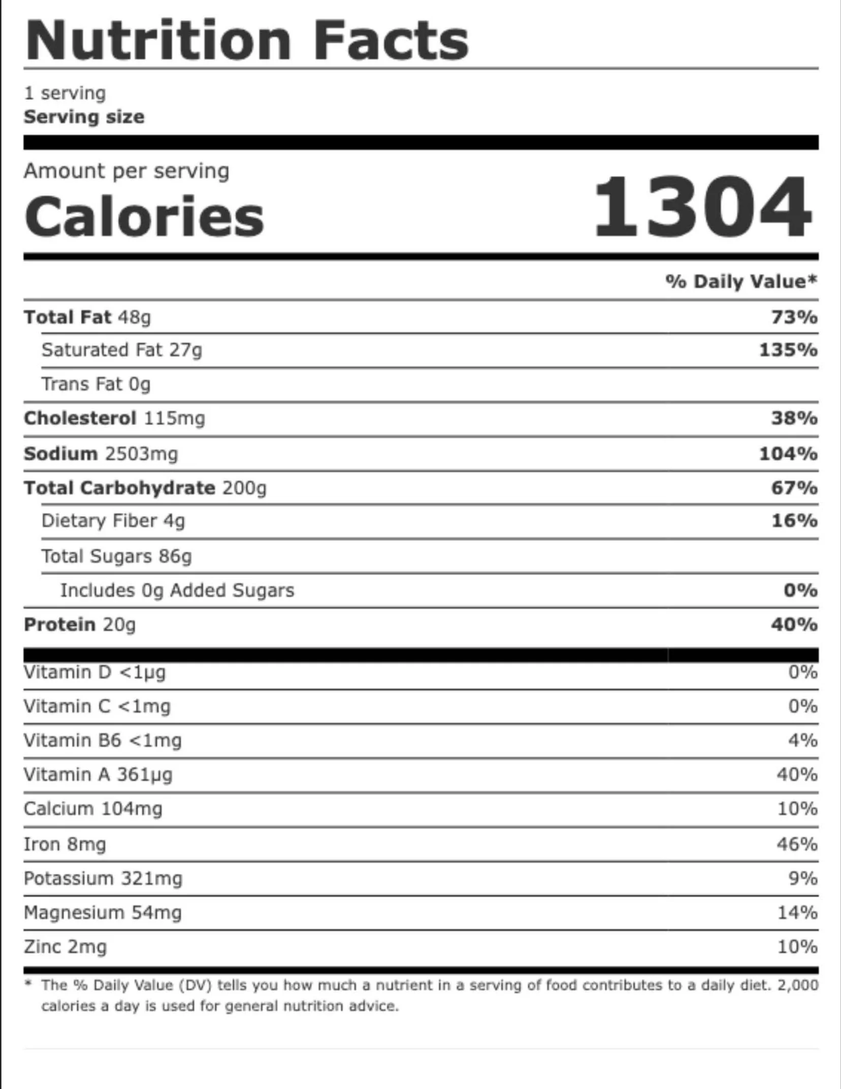 Nutrition facts label showing details for a food item with 1304 calories, 48g fat, 115mg cholesterol, 2503mg sodium, 200g carbohydrates, 86g sugars, 20g protein, and various vitamins and minerals.