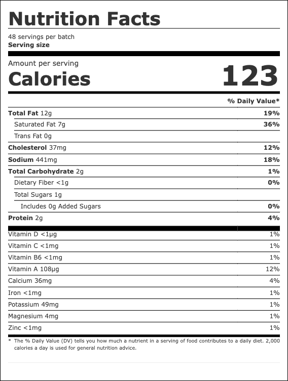 Nutrition facts label showing 48 servings per batch, 123 calories per serving, 12 grams of total fat, 37 milligrams of cholesterol, 441 milligrams of sodium, 2 grams of total carbohydrates, 1 gram of sugars, 2 grams of protein, various vitamins and minerals including vitamin D, C, B6, A, calcium, iron, potassium, magnesium, and zinc.