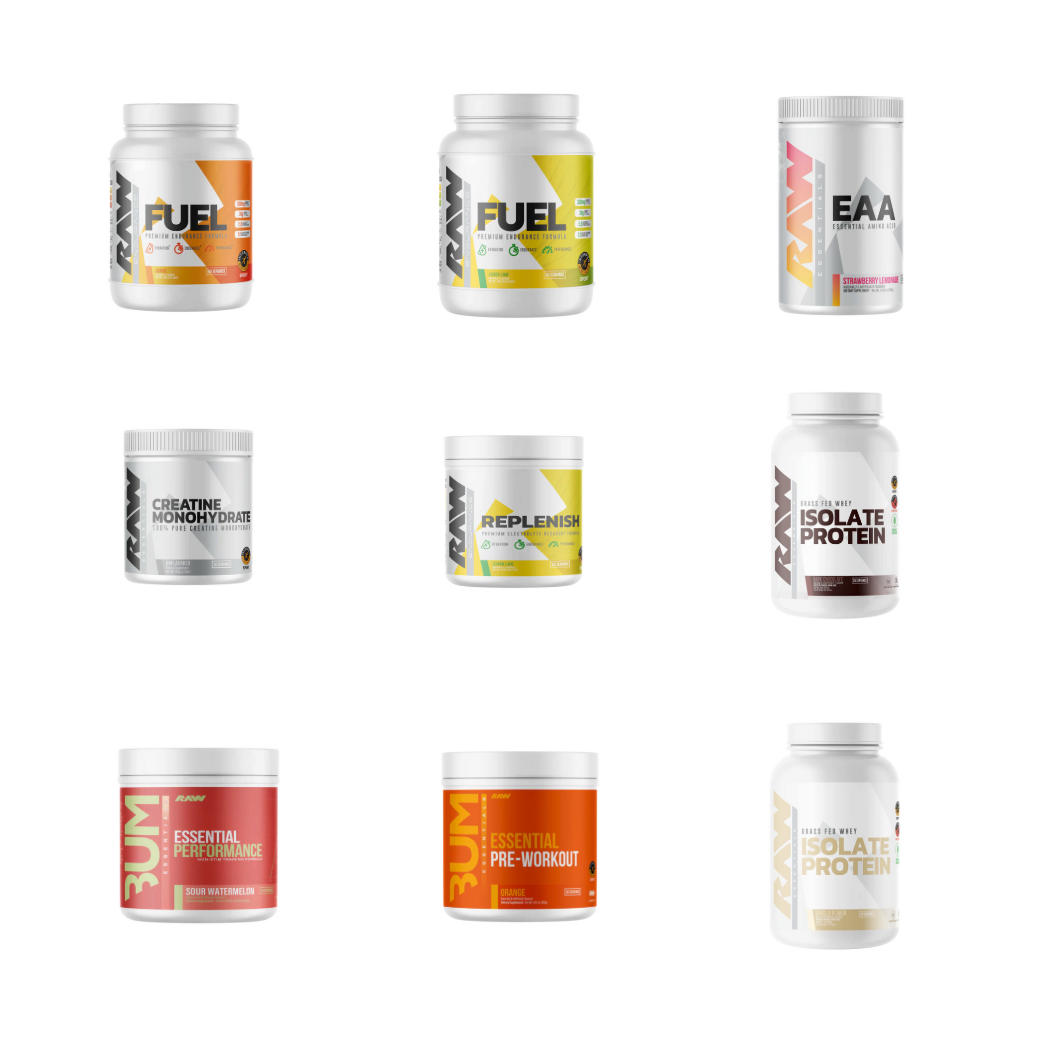 An array of nine fitness supplement containers, including pre-workout, amino acids, creatine, electrolyte, protein, and herbal formulas, arranged in three rows and three columns.