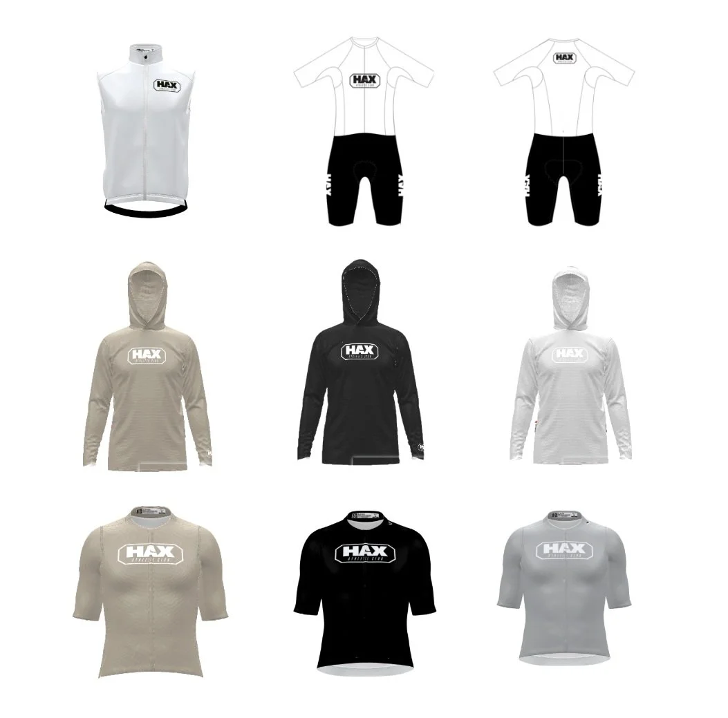 Collection of cycling apparel including a sleeveless vest, cycling shorts, hooded long-sleeve shirt, and short-sleeve jersey in various colors with HAX logo.