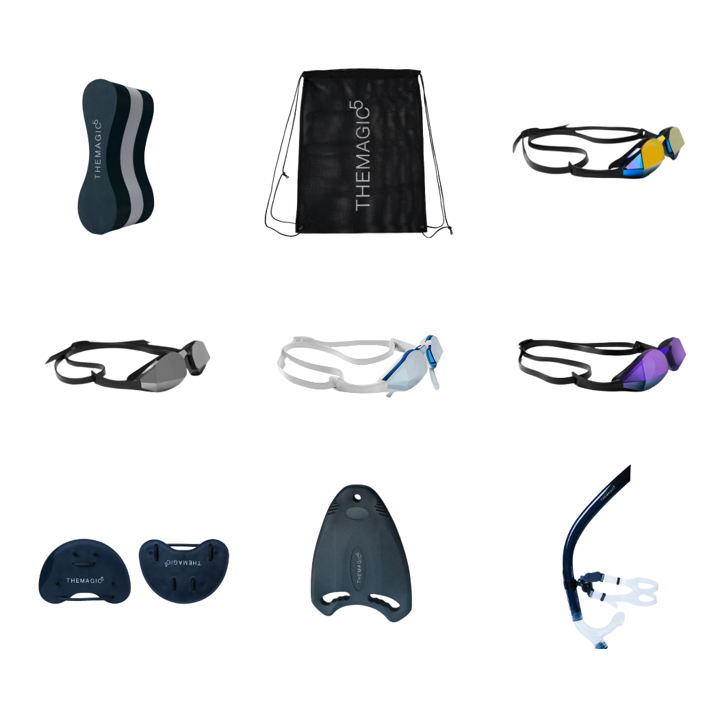 Collection of swim gear including kickboards, a mesh bag, goggles in various colors, snorkel mask, and snorkel tube.