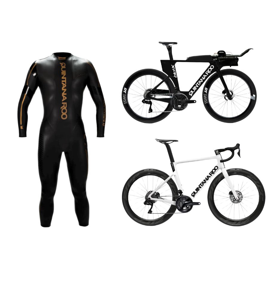 Triathlon wetsuit, black and gold, with two carbon fiber bikes, one black and one white, all branded 'Quintana Roo' and 'DT Swiss'