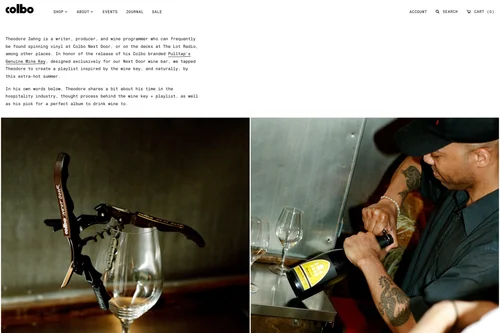 Website: Theodore Jahng’s story, text above photos of a wine key and a bottle being opened