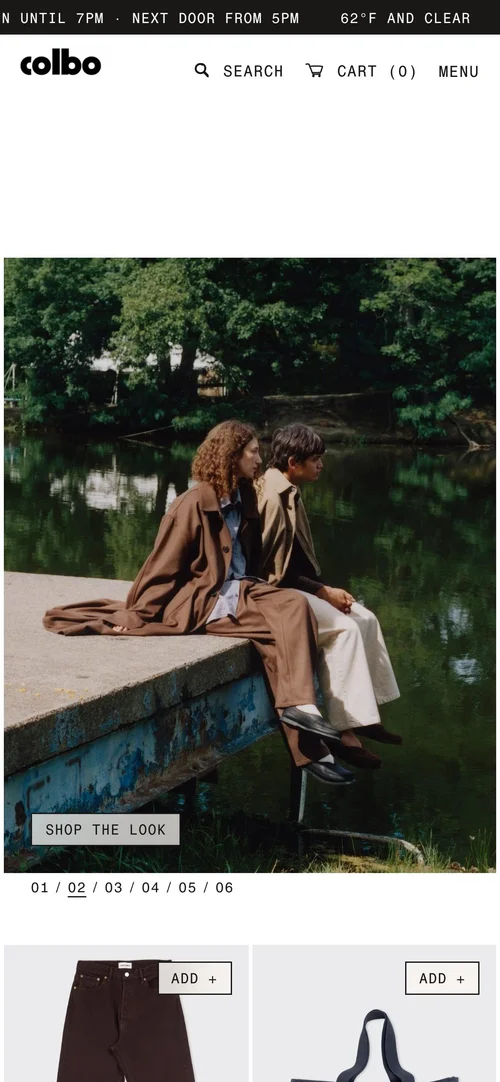 Mobile screen: the homepage, with a look photographed by a pond
